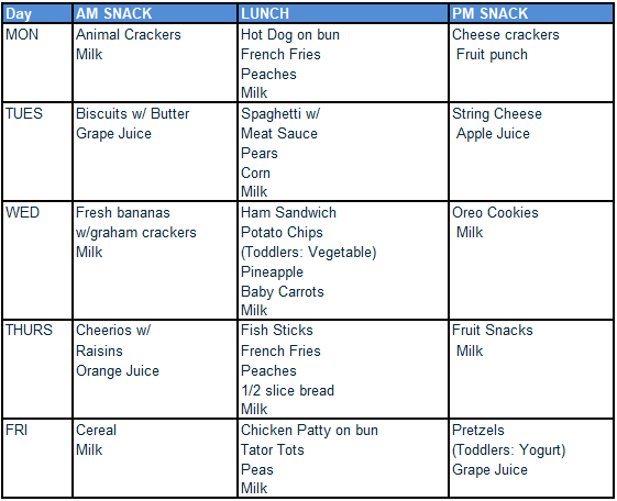 Menu for Summit Childrens Center Week 4